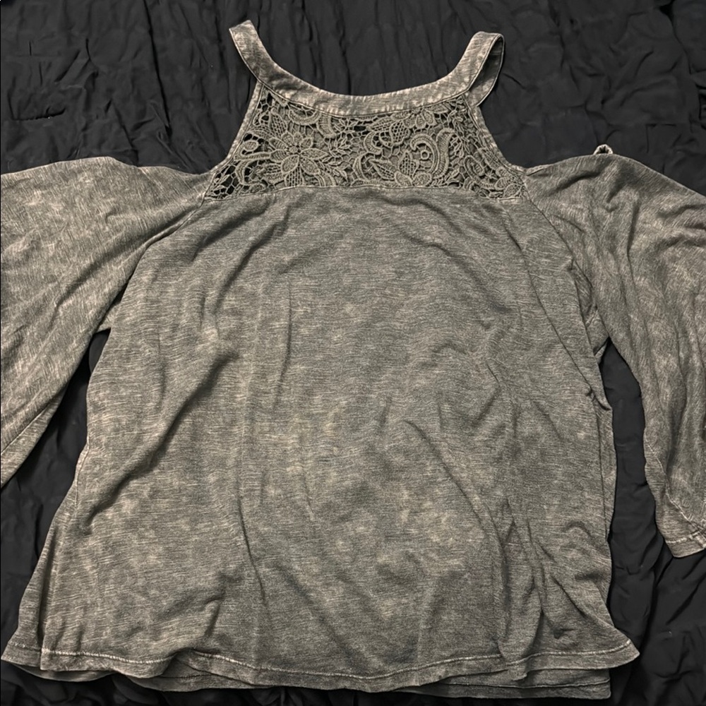 Green Lace Cold Shoulder Top